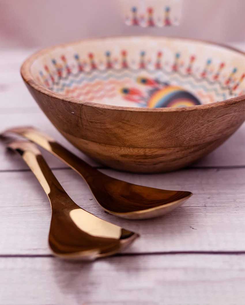 Pihu Wooden Large Bowl with Rose Gold Salad Servers | 8 x 4 inches