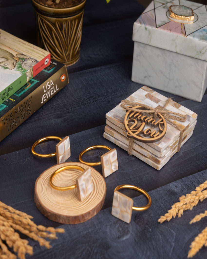 Dining Style Square Coasters Napkin Rings Decor Hamper | Set of 8