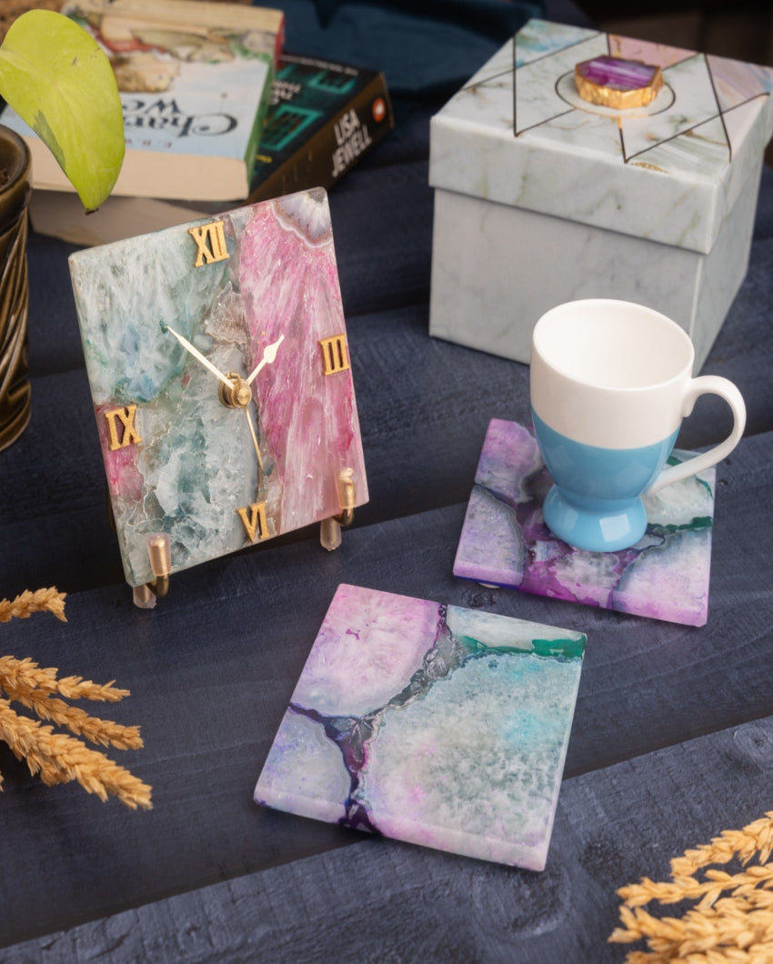 Gemstone Accent Multi-Color Agate Desk Clock Square Coasters Gift Hamper | Set of 2