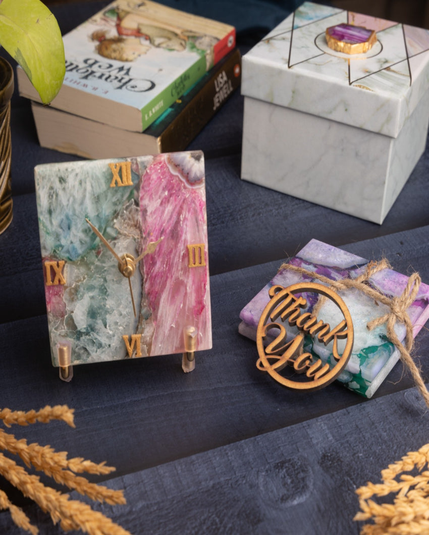 Gemstone Accent Multi-Color Agate Desk Clock Square Coasters Gift Hamper | Set of 2