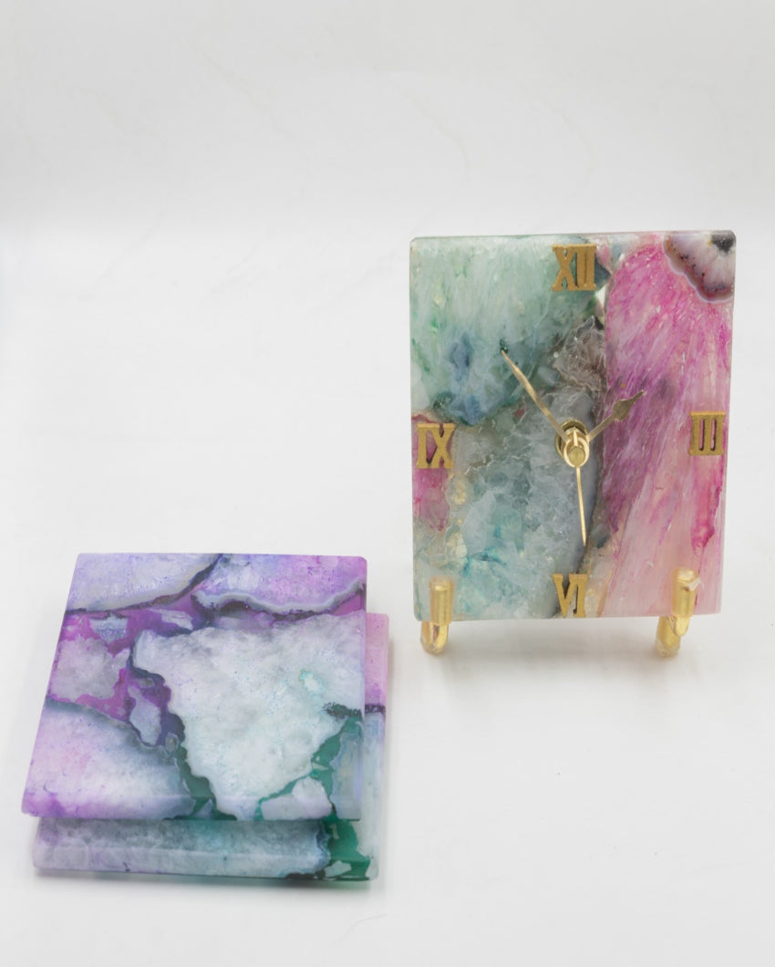 Gemstone Accent Multi-Color Agate Desk Clock Square Coasters Gift Hamper | Set of 2