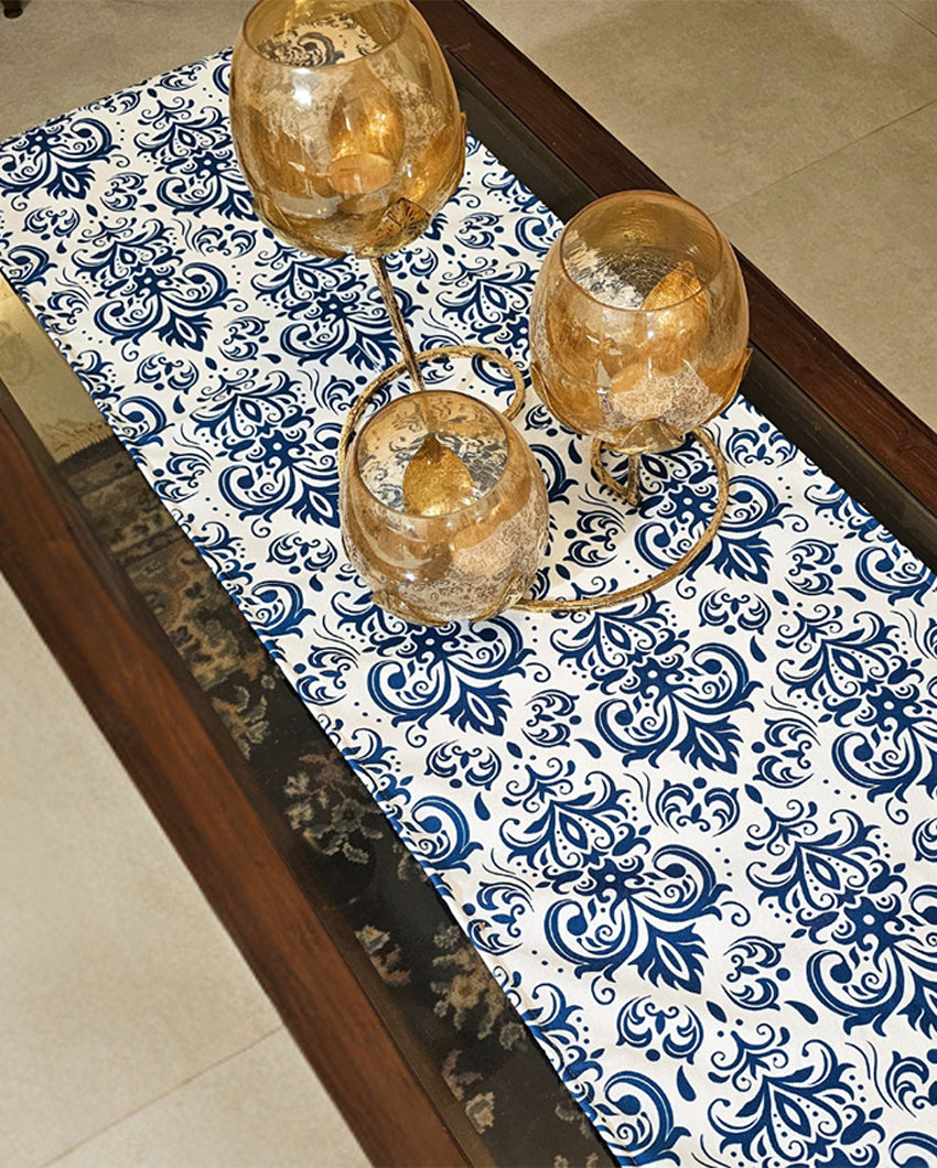 Heritage Charm Blue & White Damask Table Runner | 14 X 52 inches