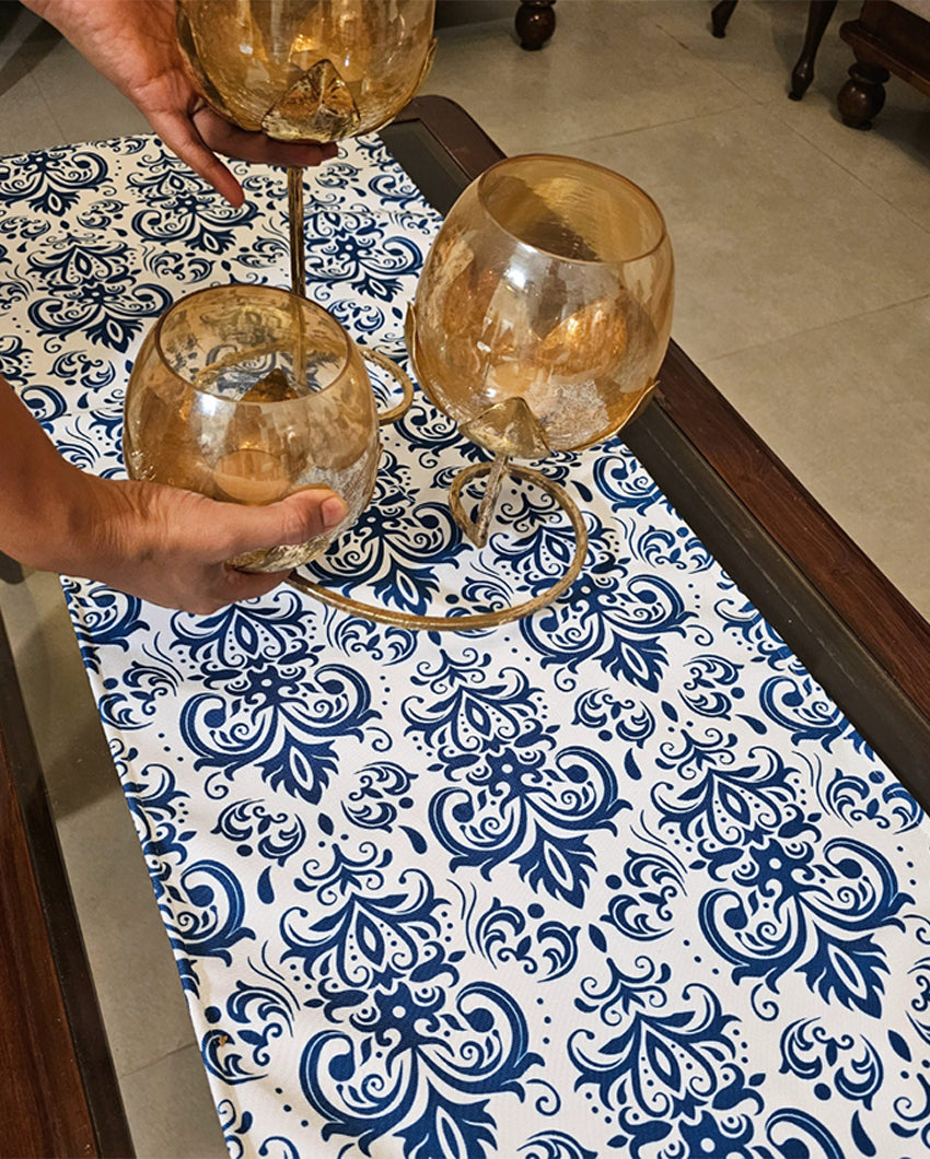 Heritage Charm Blue & White Damask Table Runner | 14 X 52 inches