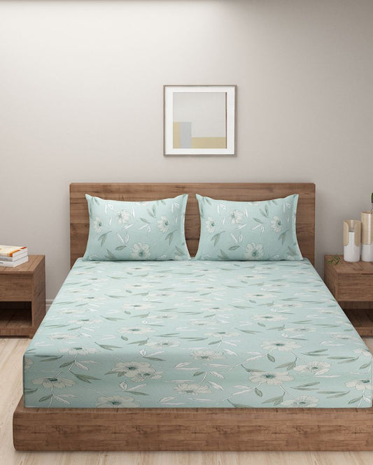 Darla Cotton Fitted Double Bedsheet with 2 Pillow Covers | Double Fitted Size | 72 x 78 Inches Teal