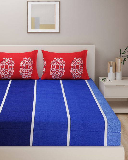 Matias Cotton Fitted Double Bedsheet with 2 Pillow Covers | Double Fitted Size | 72 x 78 Inches