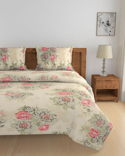 Inigo Floral Print Cotton Fitted Double Bedsheet with 2 Pillow Covers | Double Fitted Size | 72 x 78 Inches