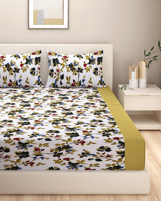 Tia Mix And Matxh Design Cotton Fitted Double Bedsheet with 2 Pillow Covers | Double Fitted Size | 72 x 78 Inches