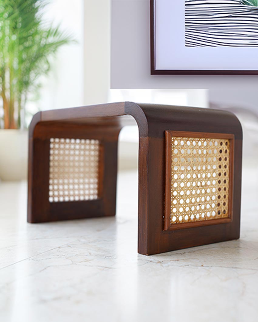 Bamboo Breeze Brown Little Bench With Cane Webbing And Wooden Frame | 14 x 9 x 9 inches