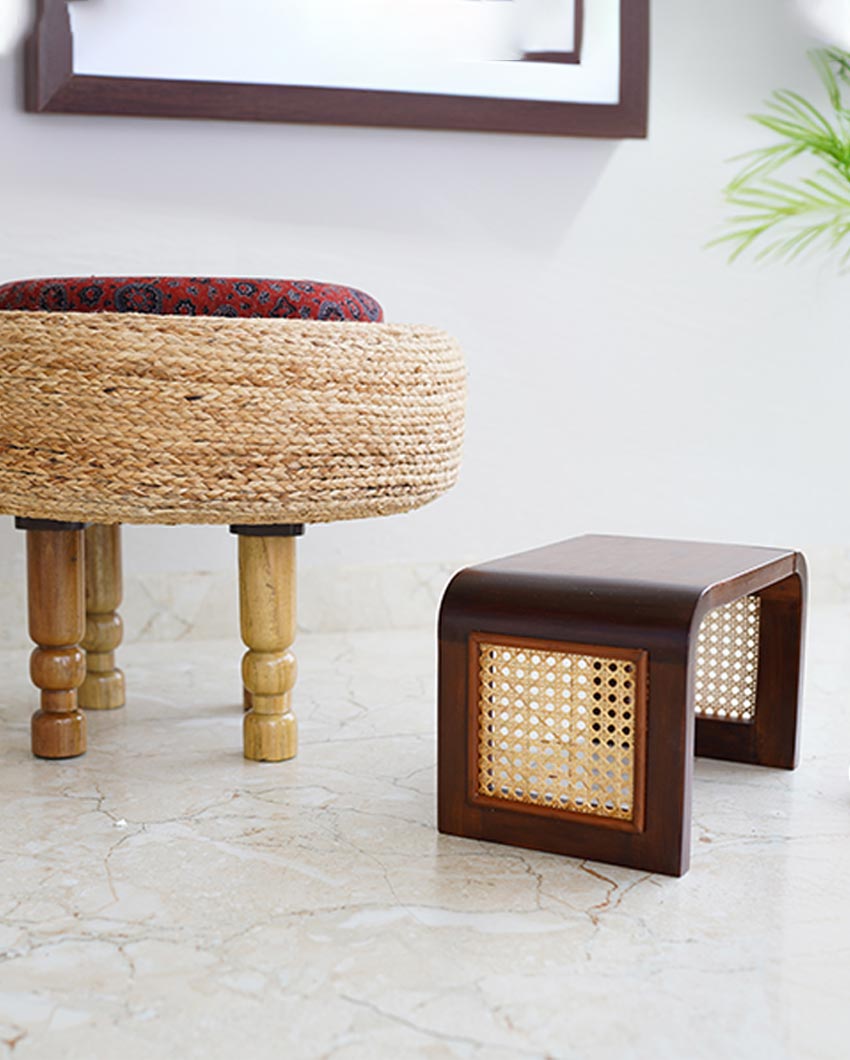Bamboo Breeze Brown Little Bench With Cane Webbing And Wooden Frame | 14 x 9 x 9 inches
