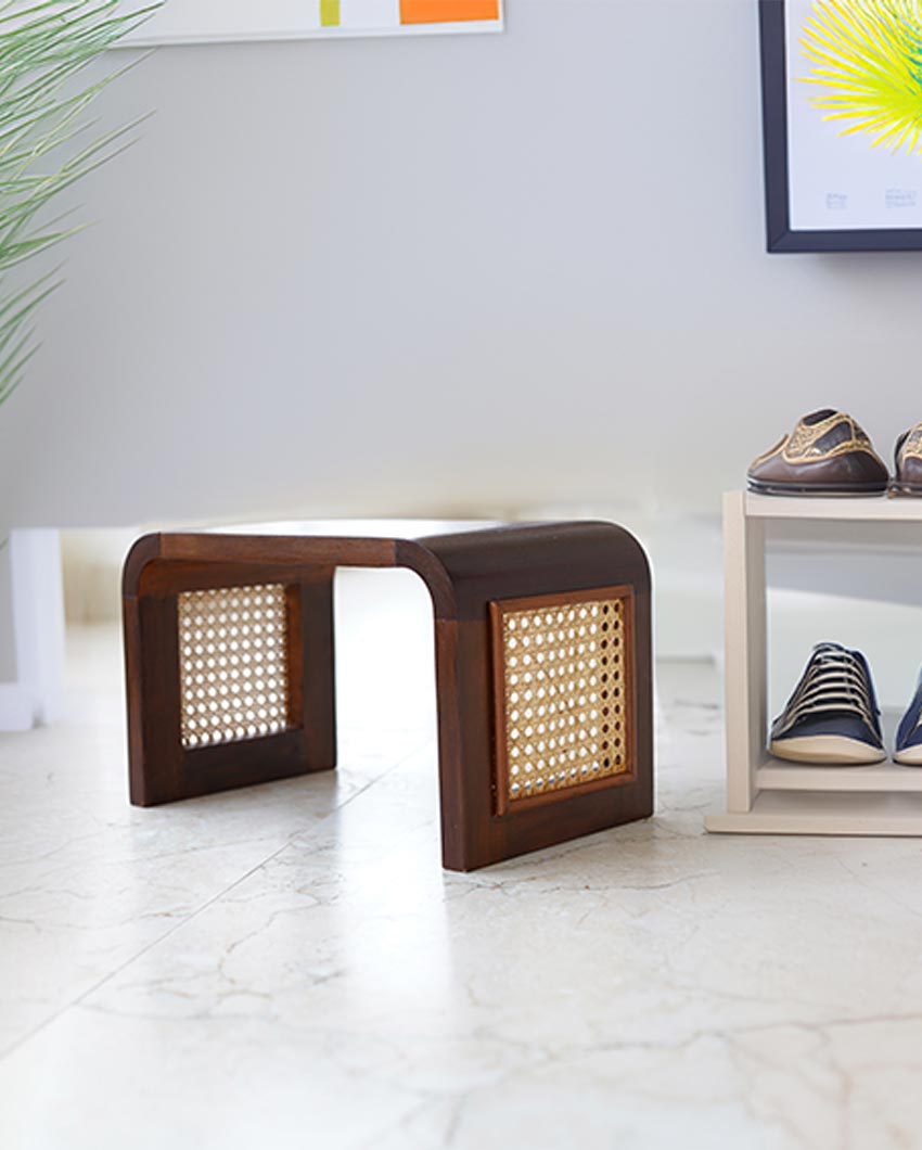 Bamboo Breeze Brown Little Bench With Cane Webbing And Wooden Frame | 14 x 9 x 9 inches