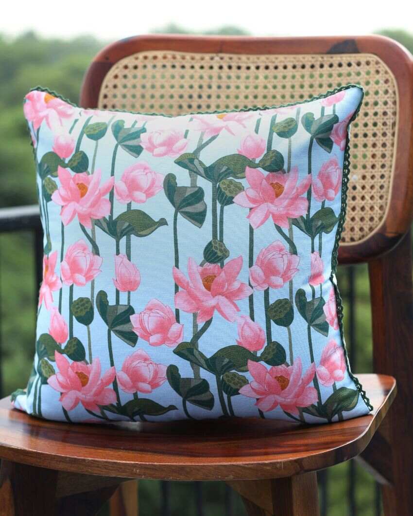 Lotus Printed Cotton Cushion Covers | 16 x 16 inches