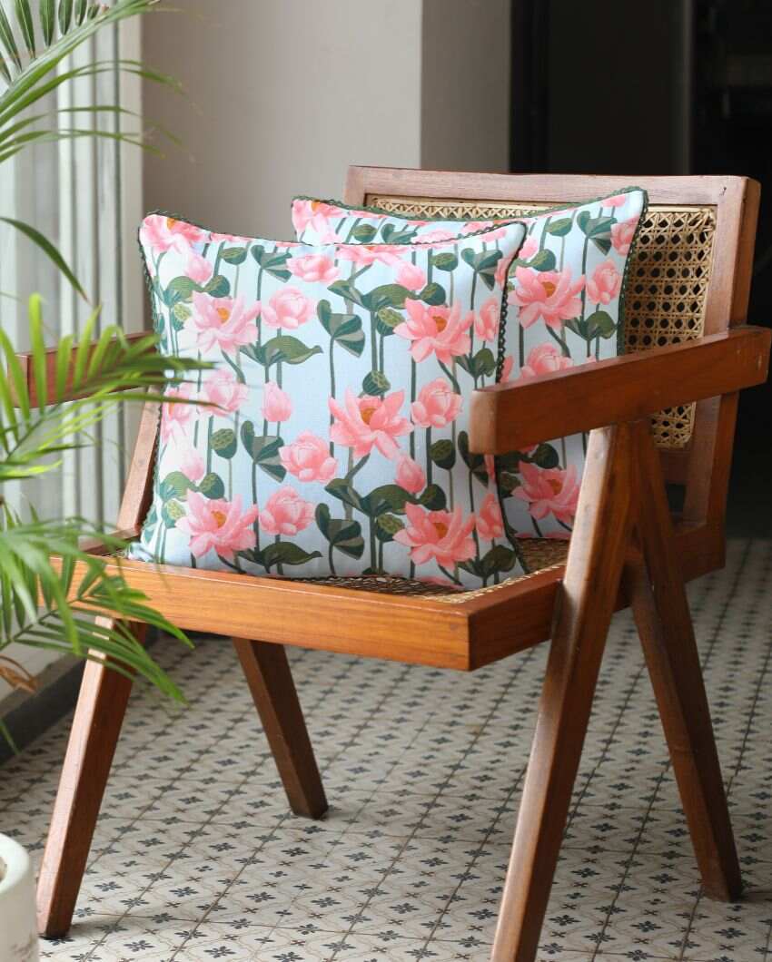 Lotus Printed Cotton Cushion Covers | 16 x 16 inches