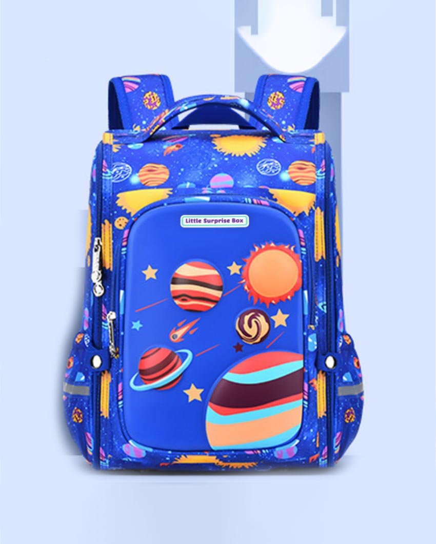 Superstar Look Blue 2d Pop Space Planets School Backpack | 15 x 11 inches