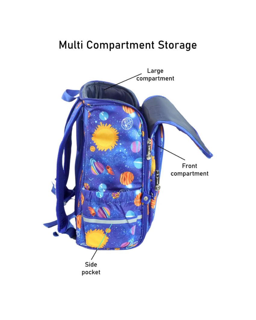 Superstar Look Blue 2d Pop Space Planets School Backpack | 15 x 11 inches
