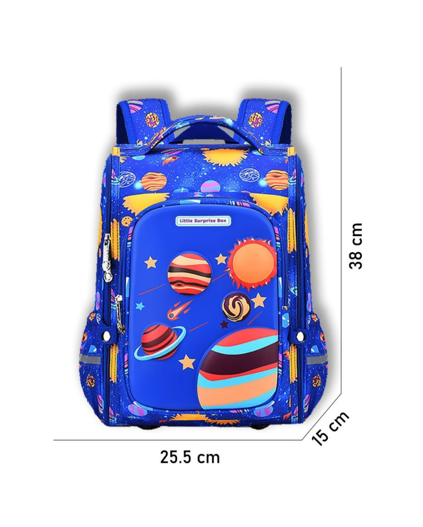 Superstar Look Blue 2d Pop Space Planets School Backpack | 15 x 11 inches