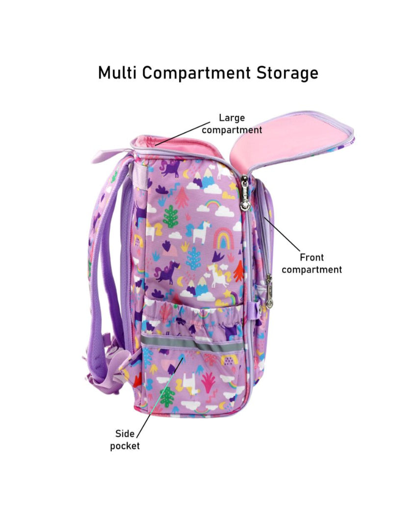Ergonomic Support Purple 2d Pop Unicorn Garden School Backpack | 15 x 11 inches