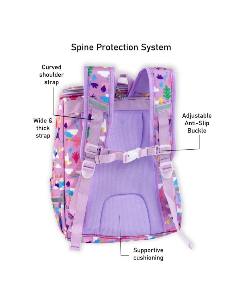 Ergonomic Support Purple 2d Pop Unicorn Garden School Backpack | 15 x 11 inches