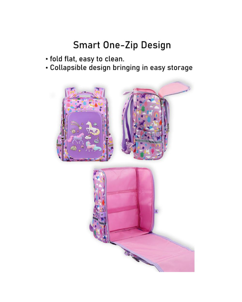 Ergonomic Support Purple 2d Pop Unicorn Garden School Backpack | 15 x 11 inches