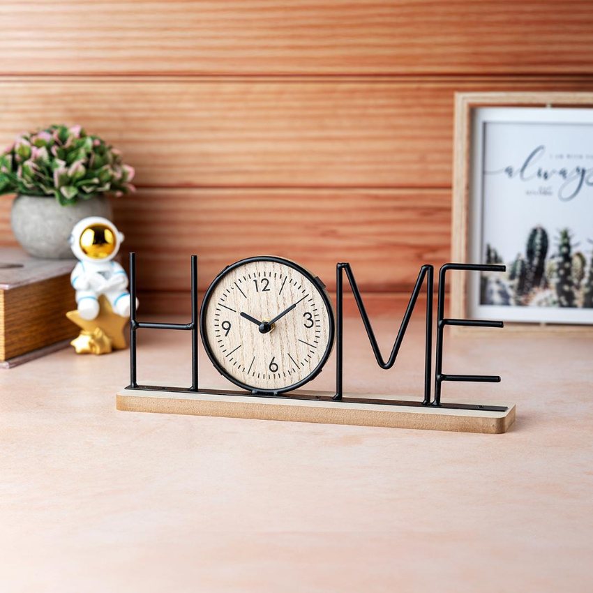 Wooden Base Clock with Stylish Black Metal Home Letters | 12 x 2 x 5 inches