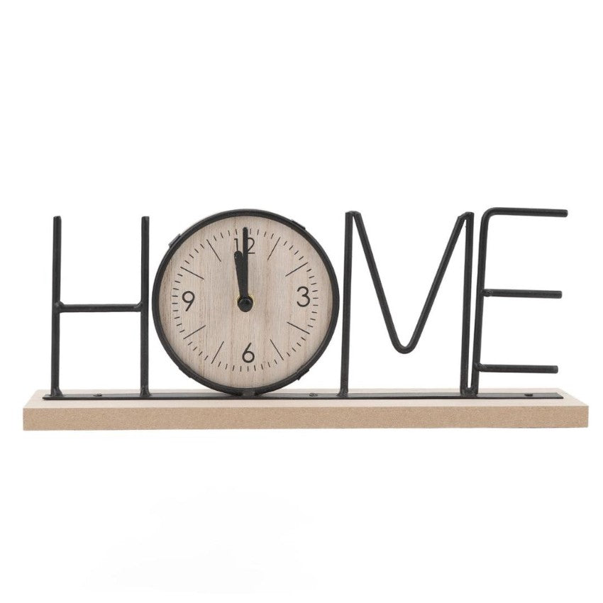 Wooden Base Clock with Stylish Black Metal Home Letters | 12 x 2 x 5 inches