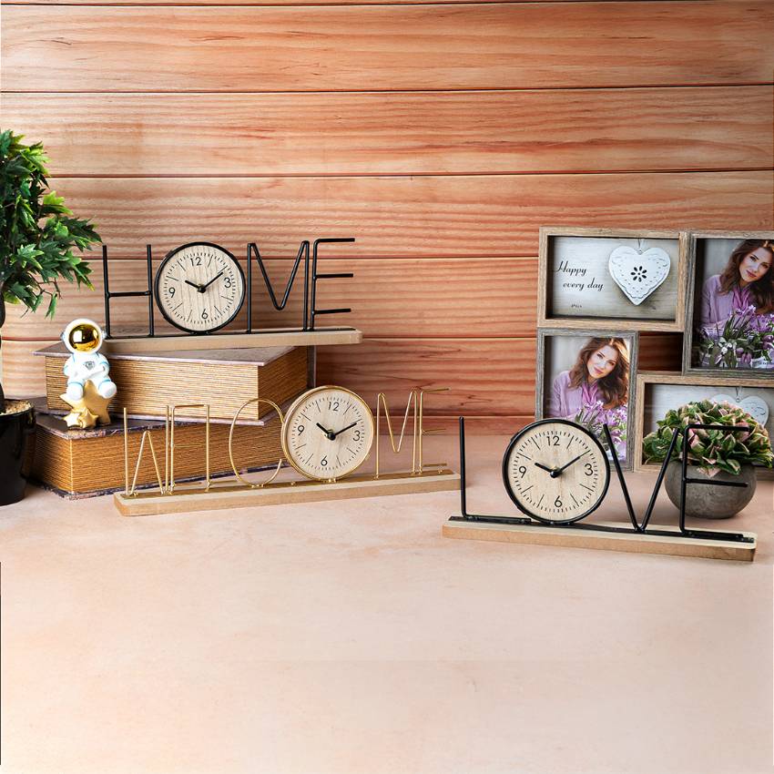 Wooden Base Clock with Stylish Black Metal Home Letters | 12 x 2 x 5 inches