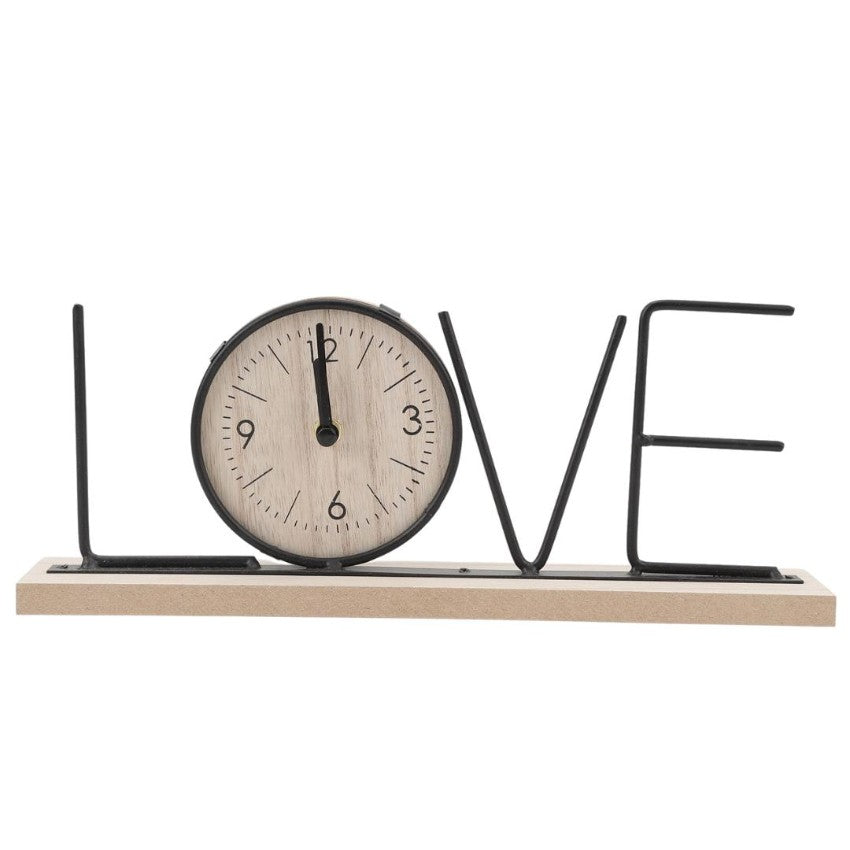 Wooden Base Clock with Stylish Black Metal Love Letters | 12 x 2 x 5 inches