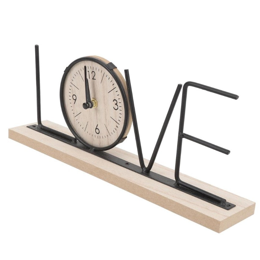 Wooden Base Clock with Stylish Black Metal Love Letters | 12 x 2 x 5 inches