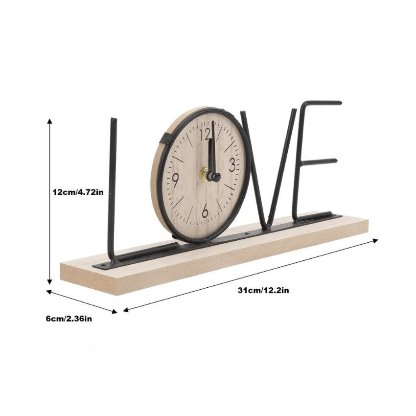 Wooden Base Clock with Stylish Black Metal Love Letters | 12 x 2 x 5 inches