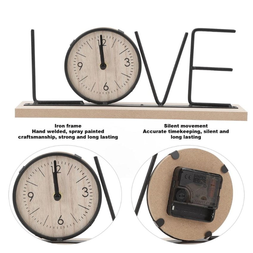 Wooden Base Clock with Stylish Black Metal Love Letters | 12 x 2 x 5 inches