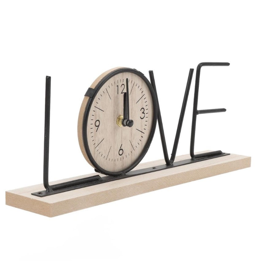 Wooden Base Clock with Stylish Black Metal Love Letters | 12 x 2 x 5 inches