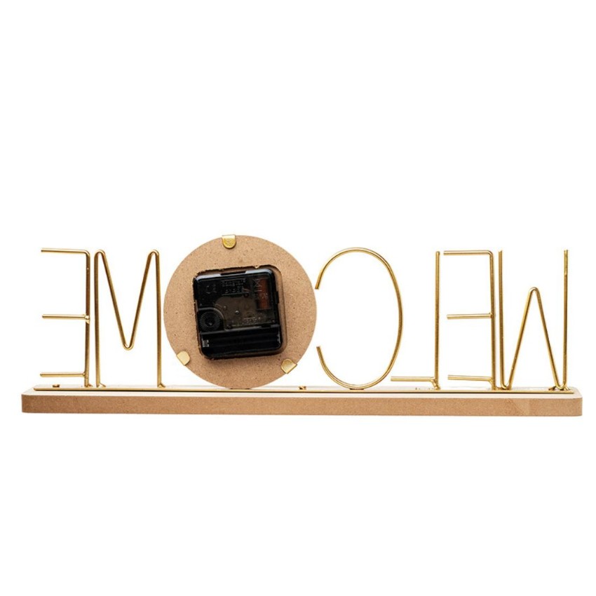 Wooden Base Clock with Elegant Gold Metal Welcome Letters | 15 x 2 x 4 inches