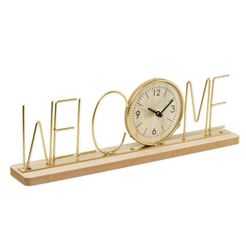 Wooden Base Clock with Elegant Gold Metal Welcome Letters | 15 x 2 x 4 inches