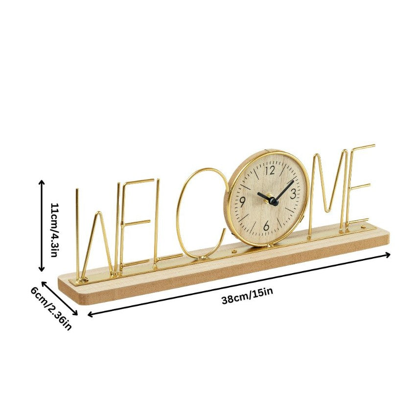 Wooden Base Clock with Elegant Gold Metal Welcome Letters | 15 x 2 x 4 inches