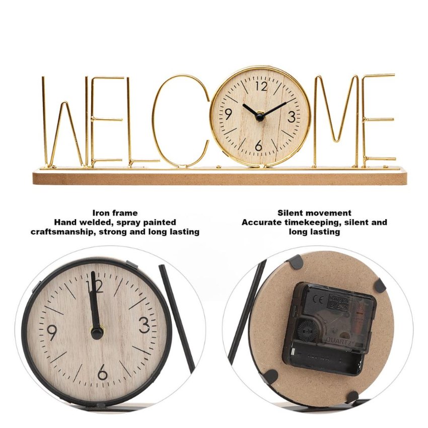 Wooden Base Clock with Elegant Gold Metal Welcome Letters | 15 x 2 x 4 inches