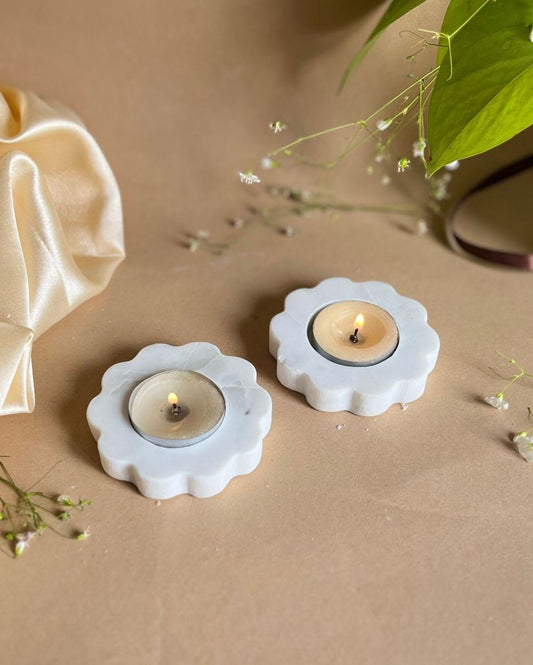 Floral Shaped White Marble Tea Light Candle Holders | Set Of 2