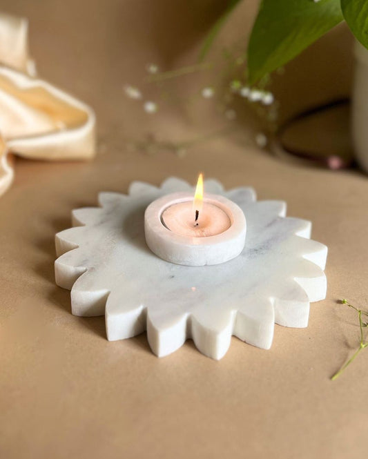 White Marble Sunflower Shaped Tea Light Candle Holder