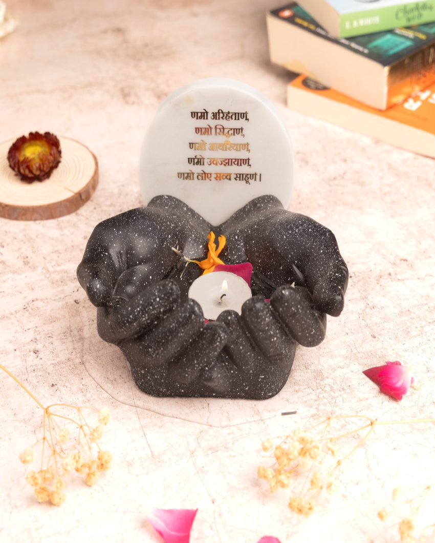 Peaceful Meditation Marble Namokar Mantra Hand Urli Spiritual Decor Bowl | 6 x 6 x 4 inches