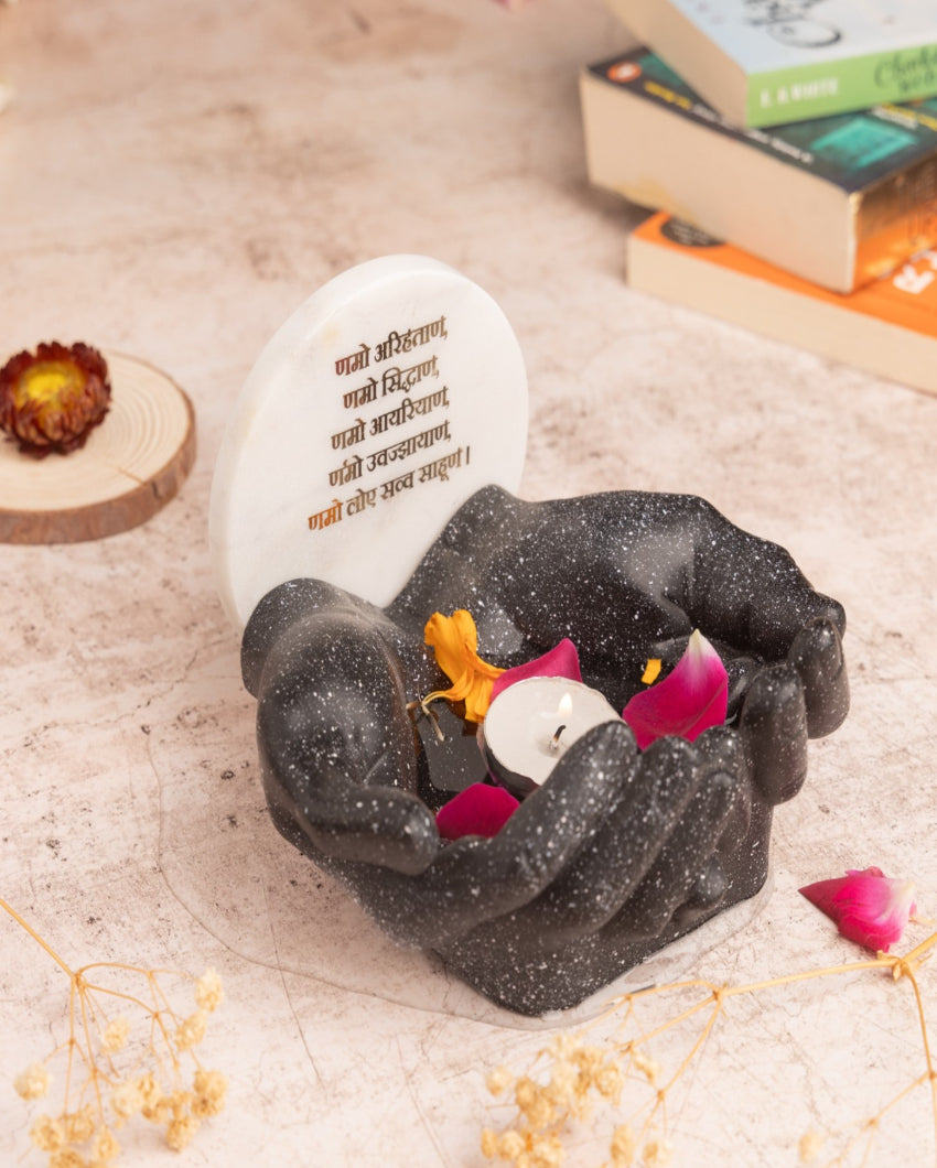 Peaceful Meditation Marble Namokar Mantra Hand Urli Spiritual Decor Bowl | 6 x 6 x 4 inches