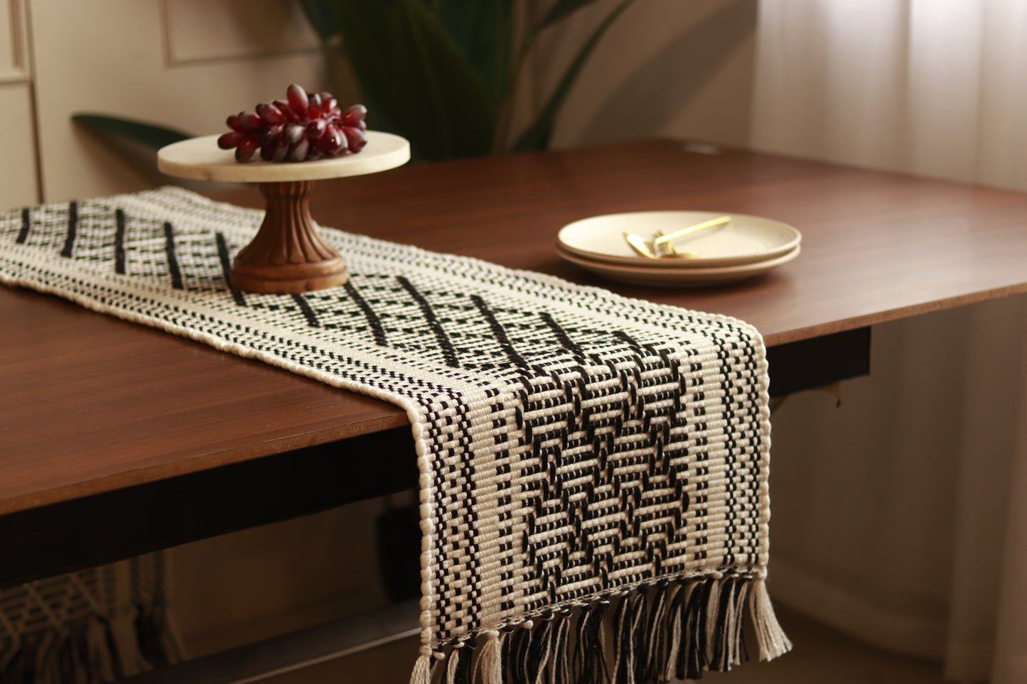 Handwoven Black & White Cotton Table Runner | 72 x 12 inches