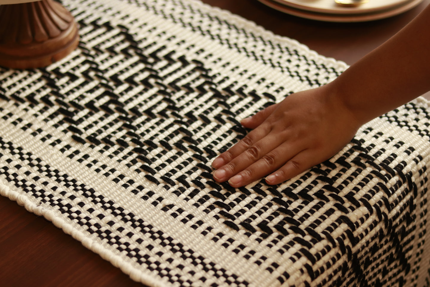 Handwoven Black & White Cotton Table Runner | 72 x 12 inches