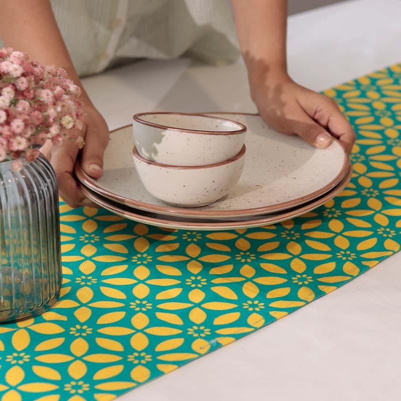 Yellow Blue Cotton Table Runner Set of 3