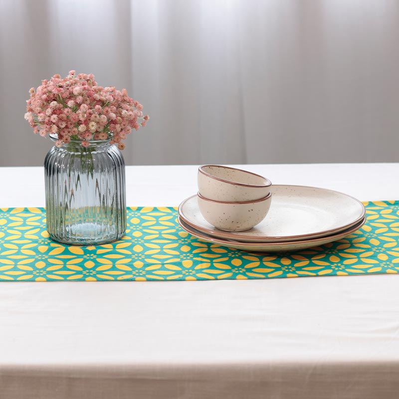 Yellow Blue Cotton Table Runner Set of 3