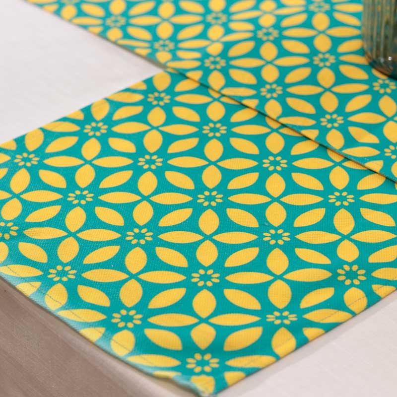 Yellow Blue Cotton Table Runner Set of 3