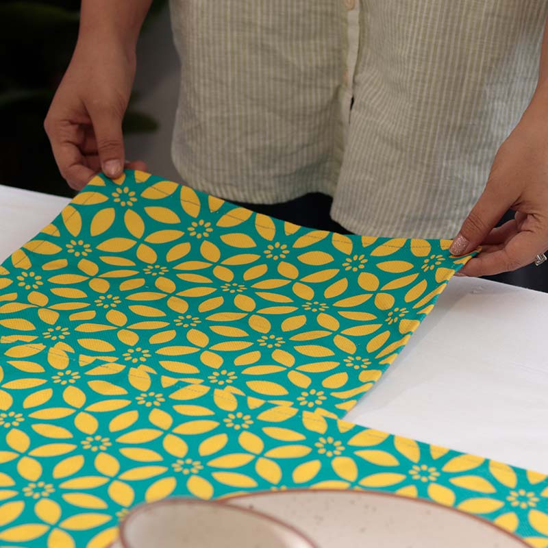 Yellow Blue Cotton Table Runner Set of 3