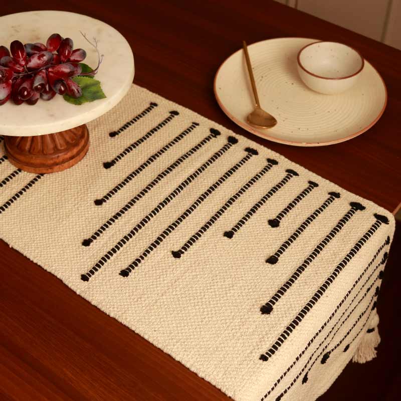 Beige Textured Cotton Table Runner with Black Embroidered Stripes | 72 x 12 inches