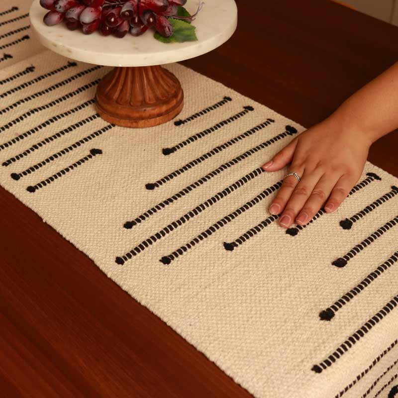 Beige Textured Cotton Table Runner with Black Embroidered Stripes | 72 x 12 inches