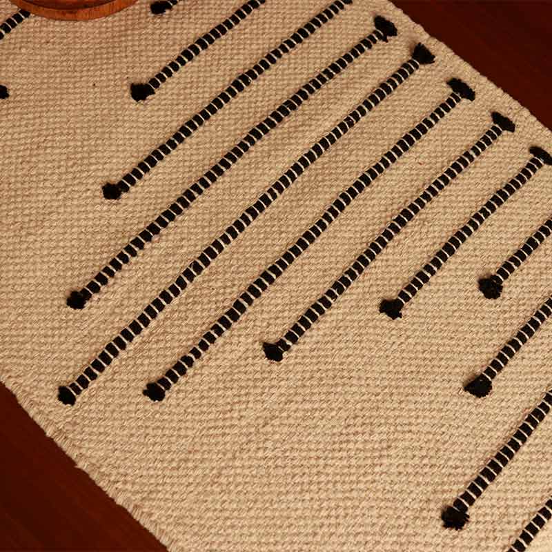 Beige Textured Cotton Table Runner with Black Embroidered Stripes | 72 x 12 inches