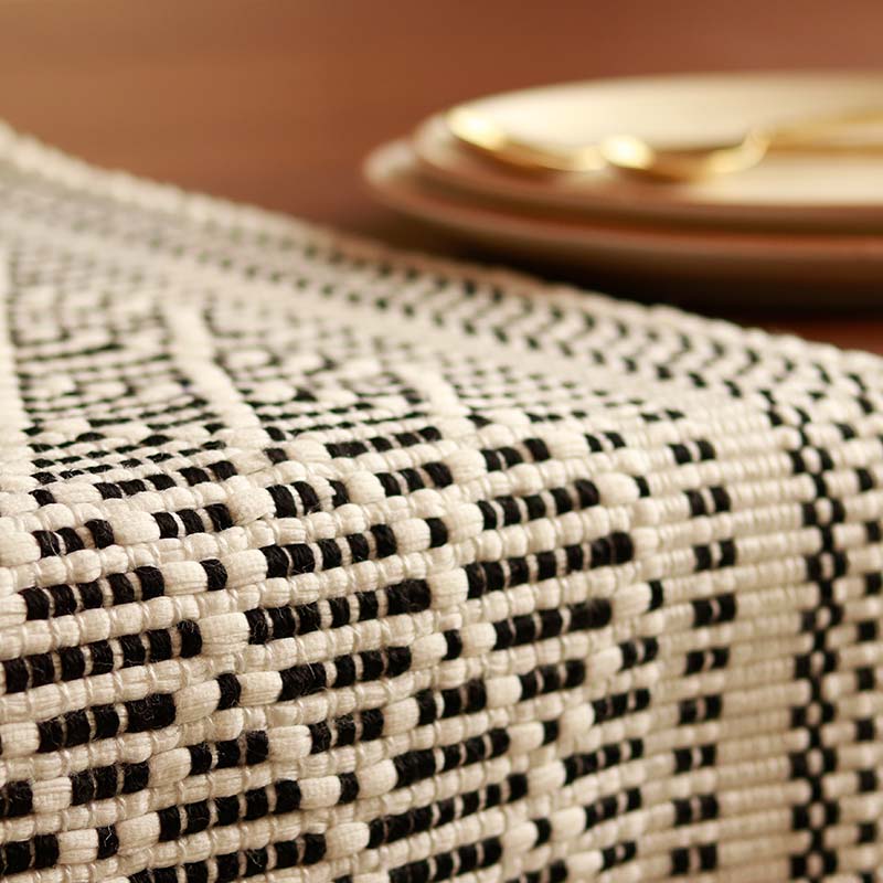 Handwoven Black & White Diamond Pattern Table Runner with Tassels | 72 x 12 inches