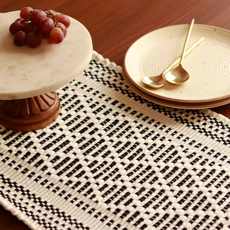 Handwoven Black & White Diamond Pattern Table Runner with Tassels | 72 x 12 inches