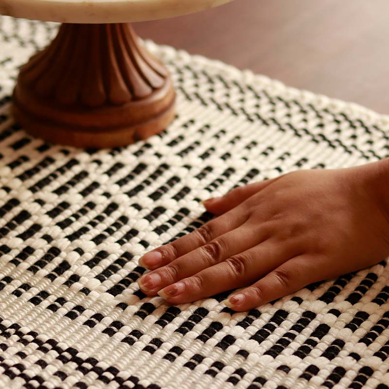 Handwoven Black & White Diamond Pattern Table Runner with Tassels | 72 x 12 inches